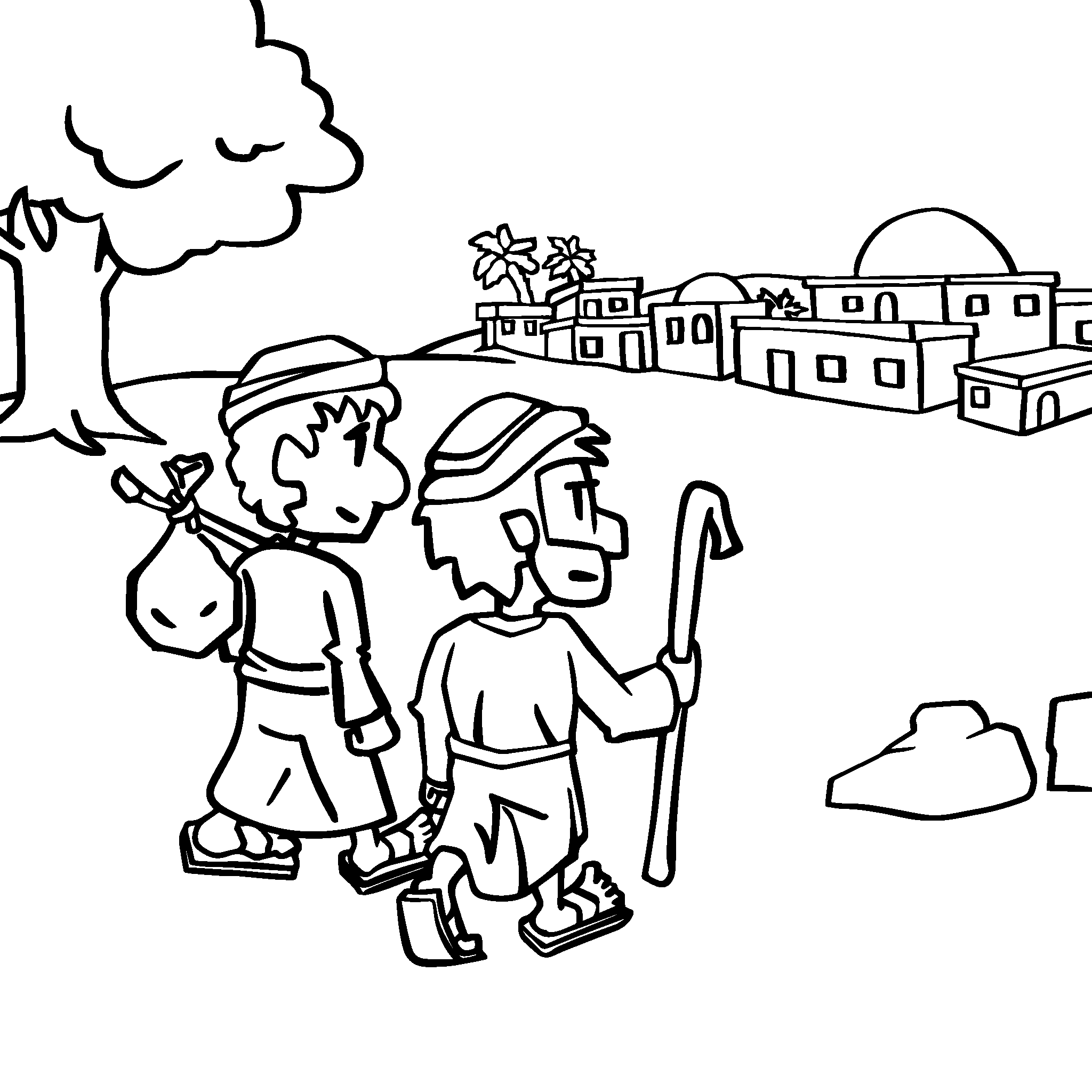 Two travelers, one carrying a bag on his shoulder, walk along a dusty path toward a village, perhaps on their way to Emmaus after Jesus’ resurrection.