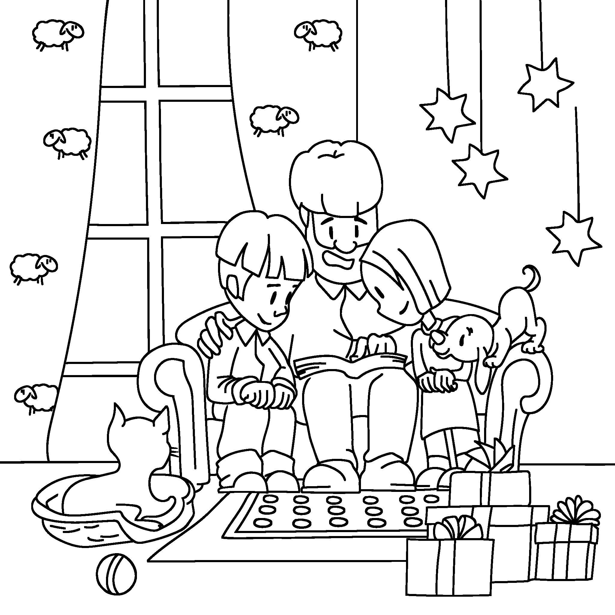 A dad reads a story from a book to his two children and their puppy by the fireplace, surrounded by Christmas gifts, while sheep float outside the window, remembering the first Christmas and Mary’s obedience to God.