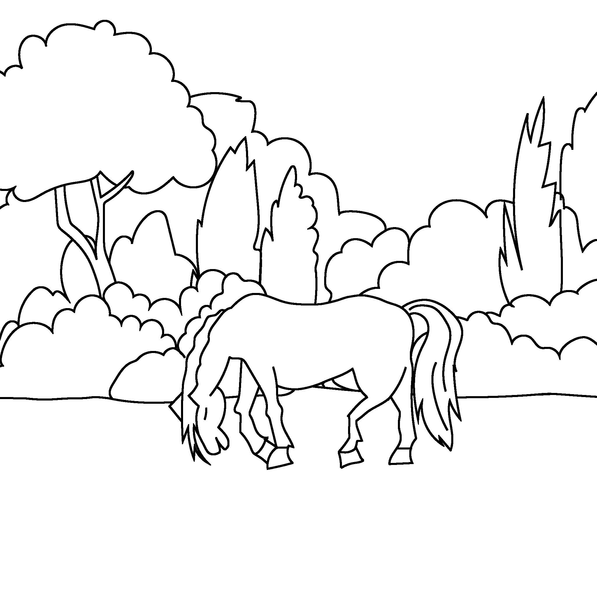 A brown horse grazes in a field with two rabbits and a hedgehog, surrounded by trees and mountains. God created everything beautifully.